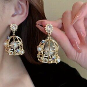 Bird Cage Inlaid Faux Pearl Earrings Party Statement Ear Jewelry